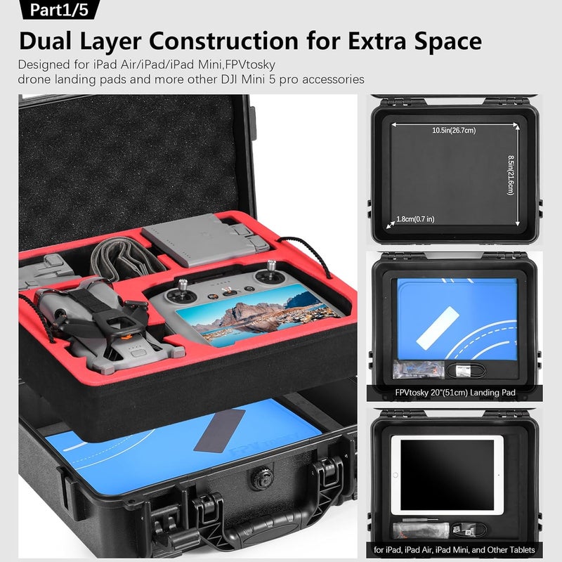 FPVtosky مجموعة ملحقات علبة صلبة لـ DJI Mini 5 Pro، مجموعة ملحقات الطائرات بدون طيار تشمل علبة مزدوجة الطبقات، وسادة هبوط، حبل، واقي شاشة، غطاء للحماية من الشمس لـ DJI Mini 5 Pro (5 في 1) - Image 3